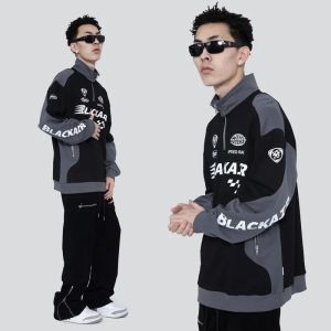 American Retro Stitching Half Zipper Racing Suit Men and Women Couple Sweater