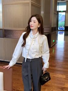 AMMIN 2025 Spring and Autumn new fashion stand collar ribbon design long sleeve commuter chiffon shirt Woman Korean style fashion tie dye striped print single breasted elegant blouse