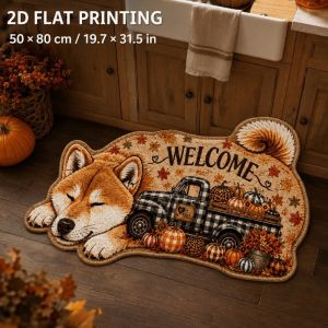 VIKAMA Fall Season Cat Shaped Floor Mat Non Slip Pumpkin Maple Leaf Rug Front Door Bathroom Bedroom Home Decor Yard Porch Patio