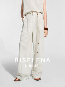 Bessie Linen Wide Leg Pants Color Woven Stripes Loose Casual Commute Slimming Summer 2025 Womens Fashion Straight Cut Trousers