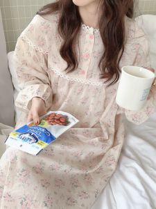 ผู้หญิง ผ้าฝ้าย ผ้าลินิน ชุดราตรี หวาน ลายดอก คอกลม แขนยาว กางเกงขายาว ทนกว่า ใส่สบาย ชุดนอน Ensemble