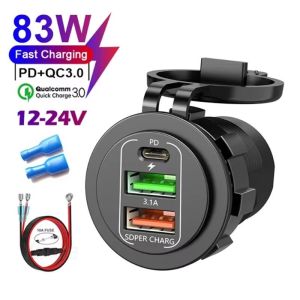 Aitemay 236PD 83W 4-Port QC3.0 USB Car Charger Socket 12V/24V Type-C Fast Charging with Voltmeter for Motorcycle RV Boat AT Breakdown