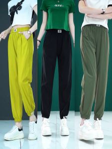 Womens Summer Thin Ice Silk Quick Dry Casual Pants High Waist Trousers 2024 New Style Nine Points Slimming Harlan Pants