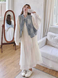 Fashionable Patchwork Denim Jacket Set Womens Spring Autumn New Style Slim Sweet Dress Two-Piece Set Korean Style Loose Waist