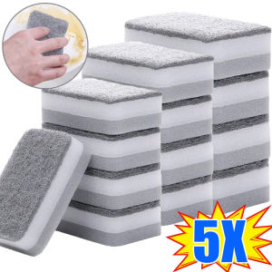 5 ชิ้น ฟองน้ำทำความสะอาดสองด้าน / แปรงฟองน้ำขัดแบบไม่ทำให้เกิดรอยขีดข่วน / ฟองน้ำล้างจานในครัว / ฟองน้ำเช็ดทำความสะอาดในครัวเรือน 3 ชั้น / อุปกรณ์ทำความสะอาดครัวแบบขจัดคราบเข้มข้น