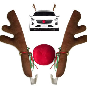 Christmas Car Reindeer Antlers Set with Red Nose Tail Jingle Bells Rudolph Costume Holiday Car Decoration Accessories Pendant