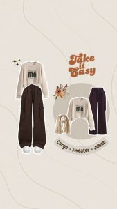 One Set 3in1 Kekinian (Sweater Crop Wanita + Celana Cargo Highwaist + Jilbab Paris) - KA114