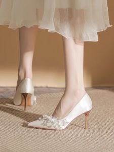 Elegant White Satin High Heels Womens Pointed Toe Wedding Shoes Two-Way Wear Pearl Floral Water Diamond Decorated Footwear