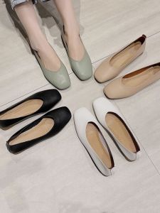 Low Heel Soft Leather Slip-On Bean Shoes Womens Fashion Flat Footwear Comfortable Casual round Toe Rubber Outsole Shoes