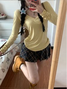 Áo Thun Modal Cổ Chữ V Tay Dài Ôm Vừa Vặn Phong Cách Mỹ Cổ Điển Dành Cho Nữ Mùa Hè Áo Lót Bên Trong Áo Khoác Ngoài