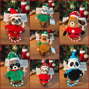 Squeaky Christmas Xmas Holiday Santa Sloth Raccoon Reindeer Plush Pet Dog Puppy Cat Soft Rope Tug Toy Squeaker Sound