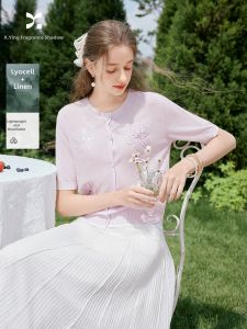XIANGYING | Lavender Purple Short Sleeve Knit Cardigan New Summer Style Floral Embroidery Round Neck Commuter Top