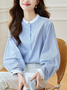 Loose Long Sleeve round Neck Striped Shirt Womens Spring New Fashion Korean Style Cotton Blend Business Casual Top