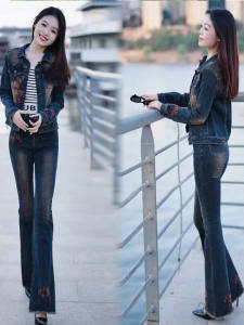 LIANGYILAILIN | Spring New Style Embroidered Flower Hem Fringe Micro Bell Bottoms Denim Jacket Retro Slim Fit Fashion Set