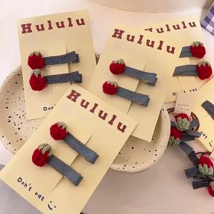 Penghantaran dari China [2025] Klip Rambut Denim Fabrik Comel Vintage Sweet Autumn Winter Strawberi Sebelah Ikat Rambut Kanak-kanak bb Klip Rambut Klip Duckbill 3.1