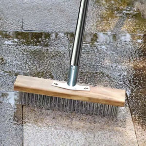 Stainless Steel Wire Scrub Brush with Long Handle Stiff Metal Bristle Scrubber Broom for Outdoor Moss Removal Pool Wire Brush