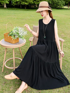 Summer Elegant Cotton Silk Dress Sleeveless Large Size Loose Fashionable Thin Strap Beach Dress Cake Skirt Artificial Cotton
