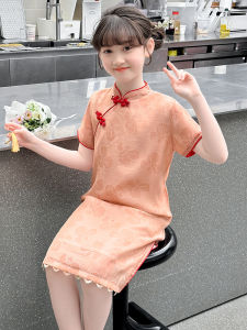 H.S.H Kids | Girls Summer Cheongsam Dress Childrens New Chinese Style Princess Skirt Breathable Lightweight Floral Print Short Sleeve Midi Dress