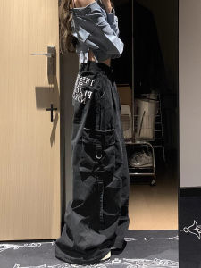 American Retro Printed Letter Workwear Jeans Womens Spring Autumn High Street Loose Slim Wide Leg Pants Casual Commute