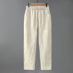 Pure Linen Mens Casual Pants Elastic Waist Vintage Solid Color Large Size Versatile Full Linen Fabric Long Trendy Trousers