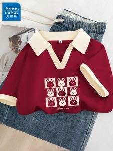 Jeanswest Red Wine Color Short Sleeve Womens T-shirt Pure Cotton Street Style Loose Fit Summer New Arrival Creative Print Top