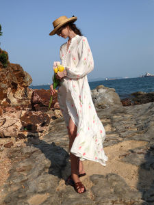 Travel Relaxing Long Sleeve Print Dress Beach Casual Style Sun Protection Polyester Spandex Blend A-Line Summer Dress