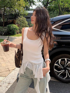 Áo Len Dệt Kim Không Tay Không Dây Không Đều Ren Mùa Hè Mới Cho Nữ Áo Sơ Mi Bên Trong Viền Viền Áo Vest Cổ Tròn