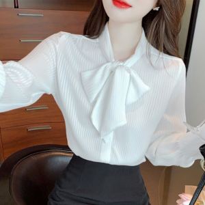 Womens Career Long Sleeve Shirt Spring 2025 Fashion Butterfly Knot Design Sensation White Casual Office Top Trendy