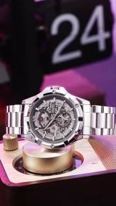 Mark Fairwhale Men Fully Automatic Mechanical Luminous Double Hollow Watch 316 Stainless Steel Strap 30M Water Resistant 44MM LA