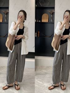 Plus Size Womens Clothing 150.00kg Idle Style Flab Hiding Cropped Pants Plus Size Ladies Summer Thin Loose High Waist Plaid Pants Ins Fashion