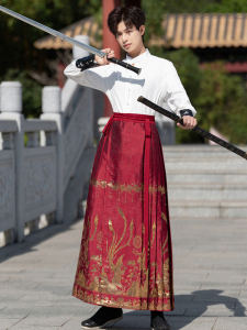 New Chinese Style Red Hanfu Mens Spring Summer Outfit with Tailored Skirt Traditional National Fashion for New Year