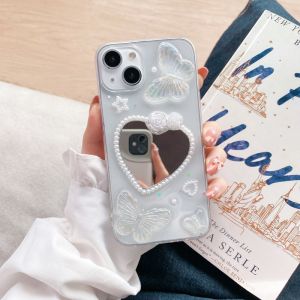 CrashStar 3D Butterfly Flower Pearl Epoxy Transparent Hard Phone Case With Heart Mirror For iPhone 15 14 13 12 11 Pro Max XS XR X 8 + 7 Plus Fashion Clear Phone Casing Cover Shell Hot Sale