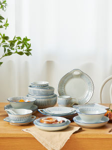 Retro Japanese Style Ceramic Dining Set Four Seasons Changeable Blue Edge Flat round Dish Home Use Meal Plate Shallow Dish