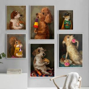 Vintage Funny Puppy Eating Donut Art Poster Print Cute Kitten Eating Snacks Canvas Painting Living Room Wall Home Decor Unframed