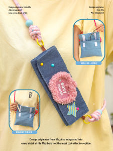 Cute Pink Heart Blue Denim Small Foldable Crossbody Bag Large Capacity Storage Pouch for Outdoor Convenient Organizer Bag