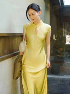 Retro Style Chinese National Style Sleeveless Dress Womens Revamped Cheongsam Long Dress Acetate Feeling High Waist A-Line Skirt