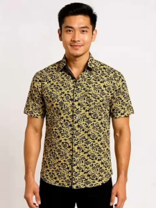 Mens Short Sleeve Batik Print Casual Shirt – Traditional Floral Pattern