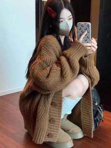 Thickened Brown Knitted Sweater Coat Womens Loose Lazy Style Autumn Winter Open Cardigan Top Vintage Twist Korean Version