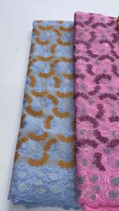 Luxury Swiss Voile Lace Fabric Light Blue Orange Floral Embroidery Stones 5Yards African Cotton Lace For Women Wedding Dress