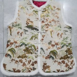 New Chinese Style Floral Bird Mountain Forest Jacket Embroidered Cotton Thickened Retro Button round Neck Vest for Women