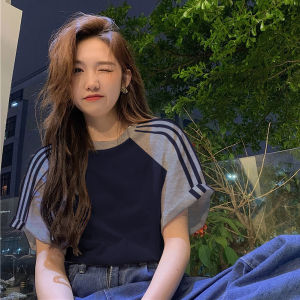 American Style Contrast Color Short Sleeve Pure Cotton T-Shirt Womens Summer Chinese Fad Ins Retro College Style Stripes Raglan Half Sleeve Tops