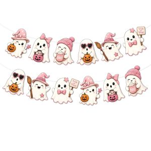 Pink Bow Ghost Halloween Banner Cute Pastel Ghost Witch Hat Pumpkin Cutout Bunting for Pink Halloween Girls Party Wall Decor