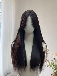 【French Bangs】 Black Long Straight Wig with Breathable Hair Net 70CM Hair Wigs Black/Brown Hair Extension Fluffy Natural Full Head Cover Wig Piece