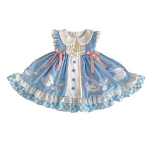 ชุดเดรสแขนบานคอตุ๊กตาสำหรับเด็กผู้หญิง ชุดเดรสกระโปรงเจ้าหญิง ลายสุนัขกล้วย ผ้าฝ้าย ฤดูร้อน 2024 เสื้อผ้าเด็ก ชุดเดรส