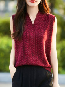 Elegant Angora Red Knitted V-Neck Vest Women Casual Comfortable Sleeveless Overhead Base Shirt Polyester Acrylic Nylon Wool Blend