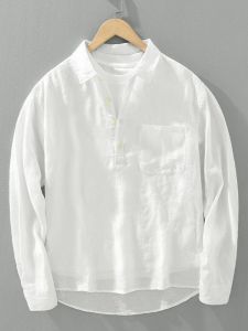 Loose Fit Linen Long Sleeve Casual Shirt Mens Spring Versatile Pullover Collar Pure Color Retro Top Breathable Comfortable