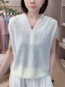 QINGNAER | Gentle Sweet Versatile Summer Plus Size New Arrival Jacquard Lace V-Neck Semi-Sheer Short Sleeve Knit Top