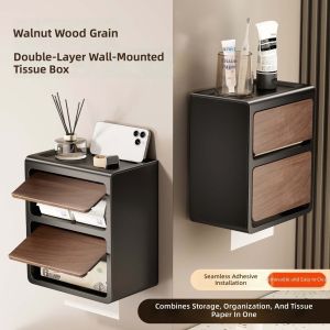 L67 Wall Mounted Double Layer Tissue Box Vintage Wood Grain Bathroom Holder Waterproof Carbon Steel L