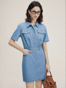 FAMANXUAN | Vintage Light Workwear Style Denim-like Waist-defining Dress Summer