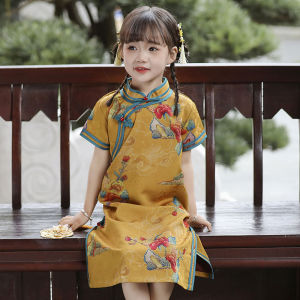New Chinese Style Midi Qipao Dress for Girls Summer Vintage Court Outfit Childrens Clothing Flower Girl Traditional Ethnic Dress